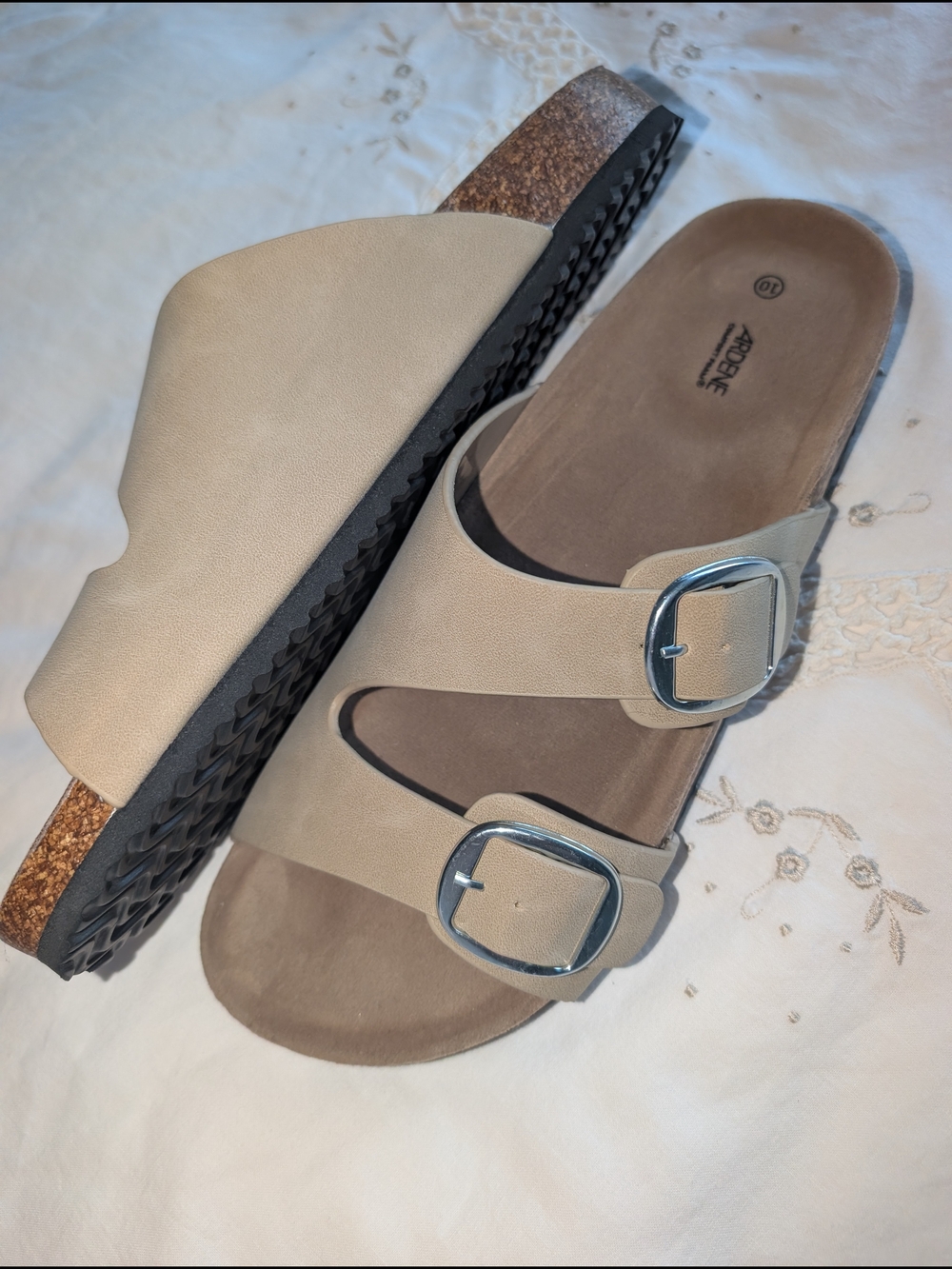 NWOT Beige Two-Buckle Women’s Slide Sandals